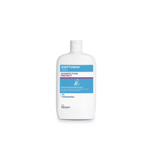 Ένα λευκό πλαστικό μπουκάλι της Dr. Schumacher Aseptoman® Viral Händedesinfektion der Dr. Schumacher GmbH με μπλε και ροζ πινελιές, που περιέχει 150 ml του φιλικού προς το δέρμα ιοκτόνου απολυμαντικού χεριών, απεικονίζεται σε ένα απλό λευκό φόντο.