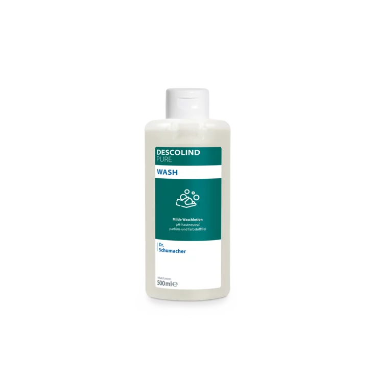 Ένα λευκό πλαστικό μπουκάλι της Dr. Schumacher Descolind Pure Wash Waschlotion (500 ml) από την Dr. Schumacher GmbH, με μια πράσινο-λευκή ετικέτα, στέκεται μπροστά από ένα απλό ανοιχτό γκρι φόντο. Αυτή η πλύση χωρίς άρωμα με ουδέτερο pH είναι ιδανική για ευαίσθητο δέρμα.