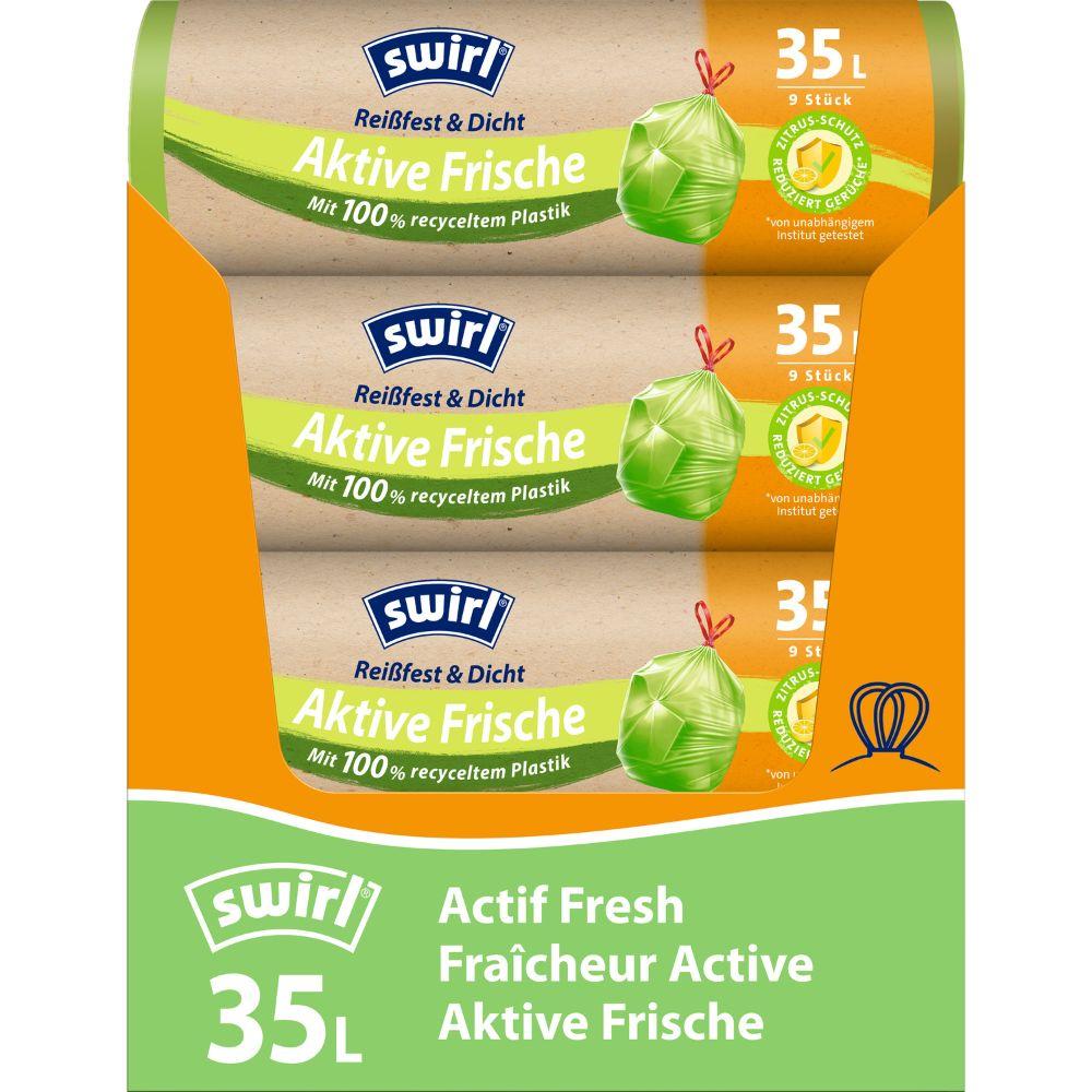 Melitta Swirl ενεργές φρέσκες σακούλες απορριμμάτων 35 λ, ανθεκτικό στο σκίσιμο και στεγανό, ρολό με 9 σακούλες, από ανακυκλωμένο πλαστικό. Κίτρινο-πράσινη συσκευασία με σύστημα εσπεριδοειδών για φρεσκάδα, επιγραφή στα γερμανικά και γαλλικά.