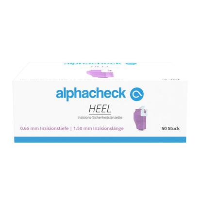 Ένα κουτί Alphacheck HEEL λογχών ασφαλείας τομής, διάφορα μεγέθη από την Berger Med GmbH προορίζεται για την τριχοειδή λήψη αίματος. Το κυρίως λευκό κουτί έχει μπλε και μοβ κείμενο με μια μικρή εικόνα λογχής στη δεξιά πλευρά και αναφέρει βάθος τομής 0,65 mm και μήκος τομής 1,50 mm. Περιέχει 50 τεμάχια.