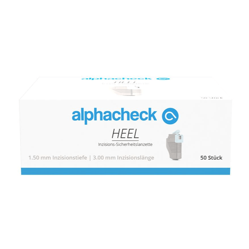 Ένα απλό λευκό κουτί με την επιγραφή «Alphacheck HEEL λογχές ασφαλείας τομής, διάφορα μεγέθη» από την Berger Med GmbH, στη δεξιά πλευρά του οποίου εμφανίζεται μια μικρή εικόνα ενός ιατροτεχνολογικού προϊόντος. Το γερμανικό κείμενο περιέχει «1,50 mm βάθος τομής» και «3,00 mm μήκος τομής» καθώς και «50 τεμάχια», που υποδηλώνει μια ποσότητα 50 λογχών ασφαλείας για τριχοειδή λήψη αίματος.