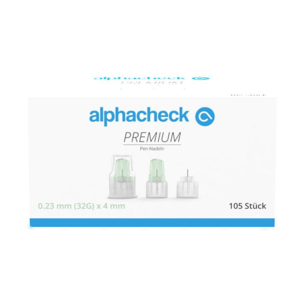 Ένα λευκό κουτί με την επιγραφή «Alphacheck PREMIUM Pen-Nadeln, διάφορα μεγέθη» σε πράσινο-μπλε σχέδιο, σχεδιασμένο για ελάχιστο πόνο κατά τη χορήγηση ινσουλίνης. Περιέχει 105 τεμάχια με διαστάσεις 0,23 mm (32G) x 4 mm. Στην μπροστινή πλευρά απεικονίζονται τρεις βελόνες πένας από την Berger Med GmbH.