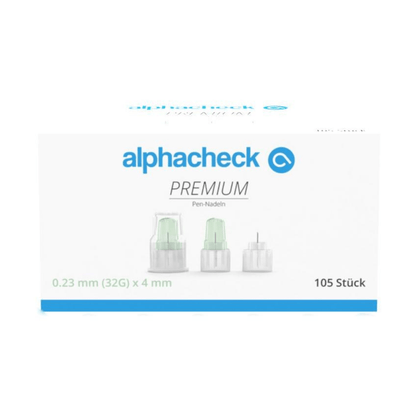 Ένα λευκό κουτί με την επιγραφή «Alphacheck PREMIUM Pen-Nadeln, διάφορα μεγέθη» σε πράσινο-μπλε σχέδιο, σχεδιασμένο για ελάχιστο πόνο κατά τη χορήγηση ινσουλίνης. Περιέχει 105 τεμάχια με διαστάσεις 0,23 mm (32G) x 4 mm. Στην μπροστινή πλευρά απεικονίζονται τρεις βελόνες πένας από την Berger Med GmbH.
