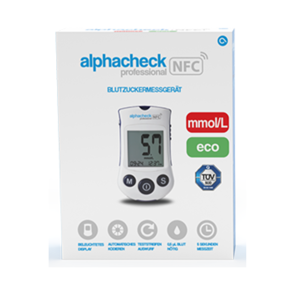 Κουτί με το Alphacheck Professional NFC Blutzuckermessgerät eco | Συσκευασία (1 τεμάχιο) από την Berger Med GmbH. Το κουτί δείχνει μια εικόνα της συσκευής με ένδειξη μέτρησης 5,7 mmol/L. Οι επισημασμένες λειτουργίες περιλαμβάνουν οθόνη με οπίσθιο φωτισμό, λειτουργία χωρίς κωδικοποίηση, δυνατότητα NFC και χρόνο μέτρησης 5 δευτερολέπτων για αποτελεσματική διαχείριση του διαβήτη.
