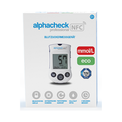 Κουτί με το Alphacheck Professional NFC Blutzuckermessgerät eco | Συσκευασία (1 τεμάχιο) από την Berger Med GmbH. Το κουτί δείχνει μια εικόνα της συσκευής με ένδειξη μέτρησης 5,7 mmol/L. Οι επισημασμένες λειτουργίες περιλαμβάνουν οθόνη με οπίσθιο φωτισμό, λειτουργία χωρίς κωδικοποίηση, δυνατότητα NFC και χρόνο μέτρησης 5 δευτερολέπτων για αποτελεσματική διαχείριση του διαβήτη.