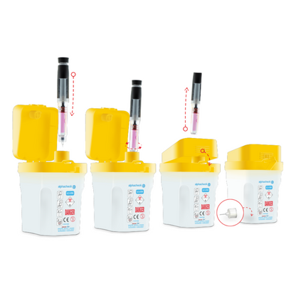 Μια εικόνα βήμα προς βήμα που δείχνει τη χρήση ενός επαγγελματικού δοχείου απόρριψης Alphacheck της Berger Med GmbH για βελόνες στυλό | Πακέτο (1 τεμάχιο) με κίτρινο καπάκι για την απόρριψη βελόνων στυλό. Τα βήματα περιλαμβάνουν την εισαγωγή της βελόνας, τη σφράγιση στο δοχείο και μια κοντινή λήψη του καπακιού μετά την απόρριψη.