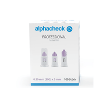 Ένα κουτί με βελόνες Alphacheck Professional Pen-Nadel PLUS, διαφόρων μεγεθών, για ενέσεις ινσουλίνης. Το κουτί φέρει εικόνα των αποστειρωμένων βελόνων και αναγράφει το μέγεθος: 0,30 mm (30G) x 5 mm. Περιέχει 100 τεμάχια της εταιρείας Berger Med GmbH.