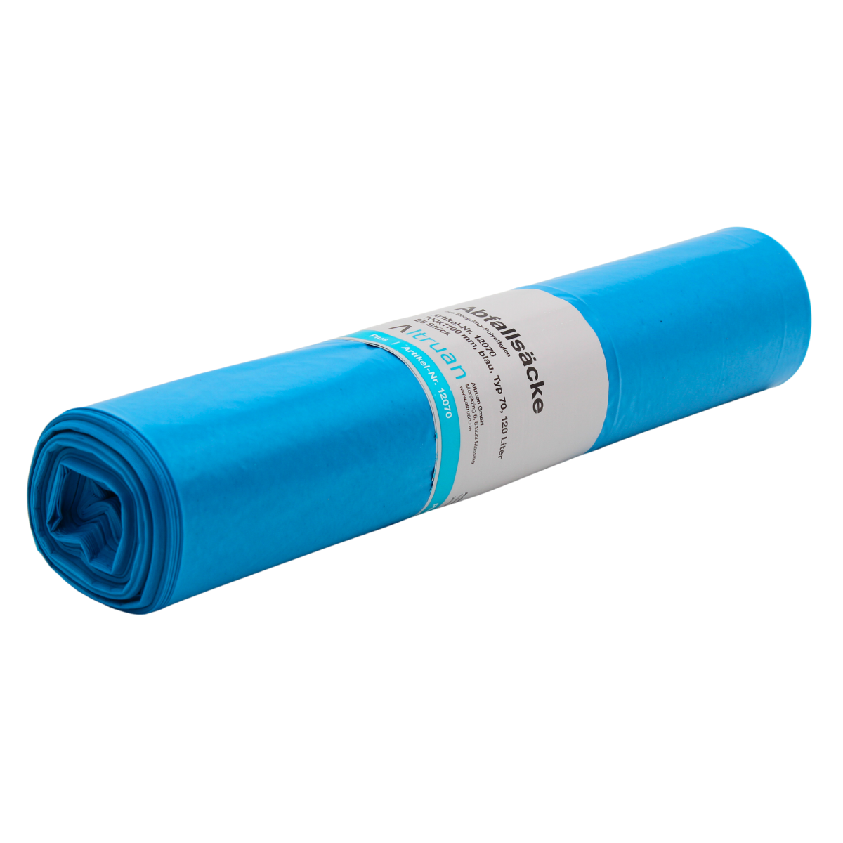 Ένας Altruan σακούλα απορριμμάτων 120 λίτρων τύπου 70, 12070 Premium, μπλε με λευκή ετικέτα, από ανακυκλωμένο LDPE, απομονωμένος σε λευκό φόντο.