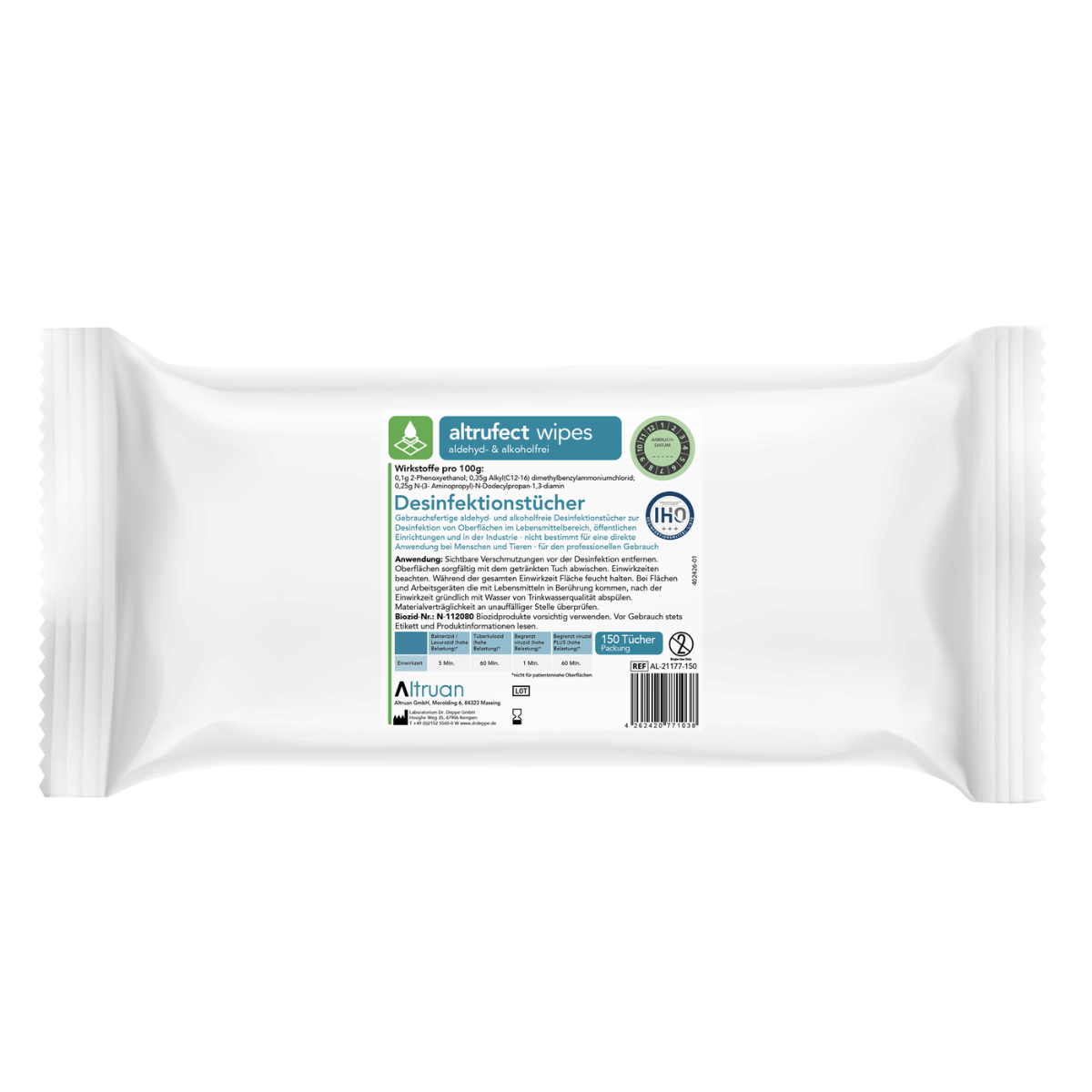 Μια συσκευασία Altruan Altrufect® Wipes Flächendesinfektionstücher, διάφορες παραλλαγές, με πληροφορίες μάρκας και προϊόντος στην ετικέτα. Η συσκευασία περιέχει 150 απολυμαντικά μαντηλάκια χωρίς αλκοόλ και περιέχει πληροφορίες στα Γερμανικά, όπως «απολύμανση επιφανειών» και οδηγίες χρήσης. Η συσκευασία είναι κυρίως λευκή με πράσινες και μπλε πινελιές.