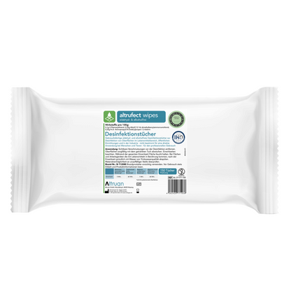 Μια συσκευασία Altruan Altrufect® Wipes Flächendesinfektionstücher, διάφορες παραλλαγές, με πληροφορίες μάρκας και προϊόντος στην ετικέτα. Η συσκευασία περιέχει 150 απολυμαντικά μαντηλάκια χωρίς αλκοόλ και περιέχει πληροφορίες στα Γερμανικά, όπως «απολύμανση επιφανειών» και οδηγίες χρήσης. Η συσκευασία είναι κυρίως λευκή με πράσινες και μπλε πινελιές.