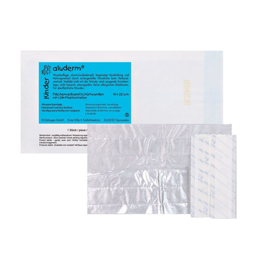 Ο επίδεσμος επιφανείας για παιδιά aluderm® της W. Söhngen GmbH είναι ένας ορθογώνιος επίδεσμος με επικάλυψη μεμβράνης και μπλε επιγραφή "aluderm" - ιδανικός για εκδορές και ευαίσθητο παιδικό δέρμα. Η συσκευασία δείχνει πληροφορίες προϊόντος και branding.