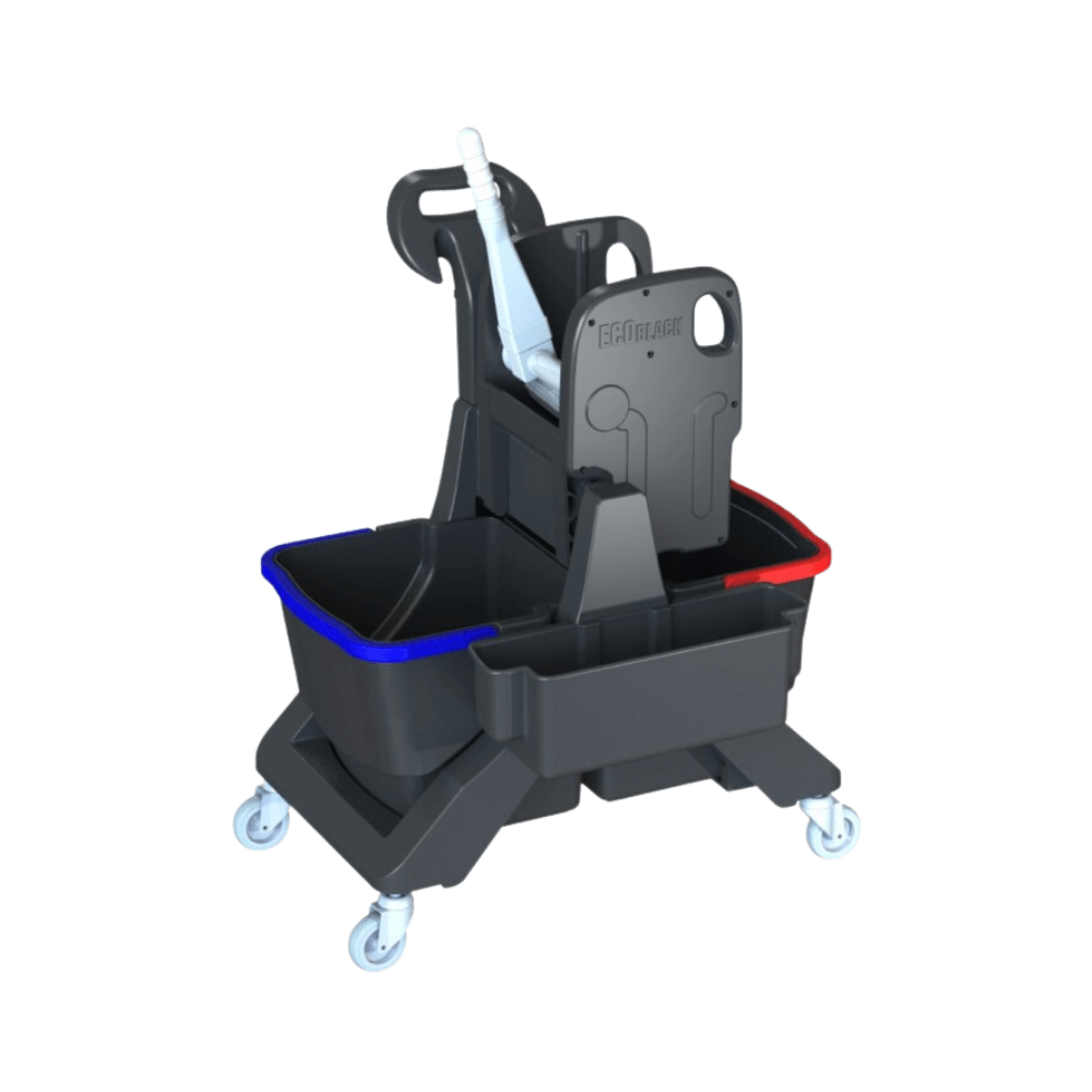 Ο Arcora Ecoblack 45 Doppelfahreimer της Arcora International GmbH είναι ένα σετ κουβάδων καθαρισμού με ρόδες, το οποίο αποτελείται κατά 97% από ανακυκλωμένο υλικό και είναι εξοπλισμένο με μπλε και κόκκινα διαμερίσματα για αποτελεσματικό καθαρισμό, καθώς και με ενσωματωμένη συσκευή στυψίματος και λαβή.