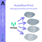 Διαφημιστικό γραφικό για το Autoflow Print: Weclapp Workflow & Print Suite από την Altruan, μέρος της Artluan Cloud-Service-Suite, δείχνει εικονίδια για έναν εκτυπωτή, μια λίστα εγγράφων, ένα πακέτο και έναν λογαριασμό με βέλη που υποδεικνύουν