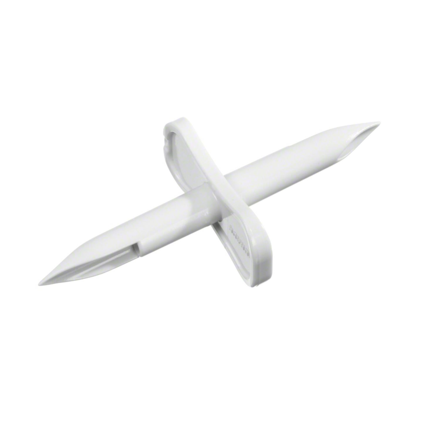 Το B. Braun Transofix® Transferset der B. Braun Deutschland GmbH & Co. KG μοιάζει με σταυρό με δύο αιχμηρά άκρα και είναι ένα κομψό λευκό πλαστικό εργαλείο, που φαίνεται να είναι φτιαγμένο για εργασίες σχετικές με την κηπουρική ή τη φύτευση.