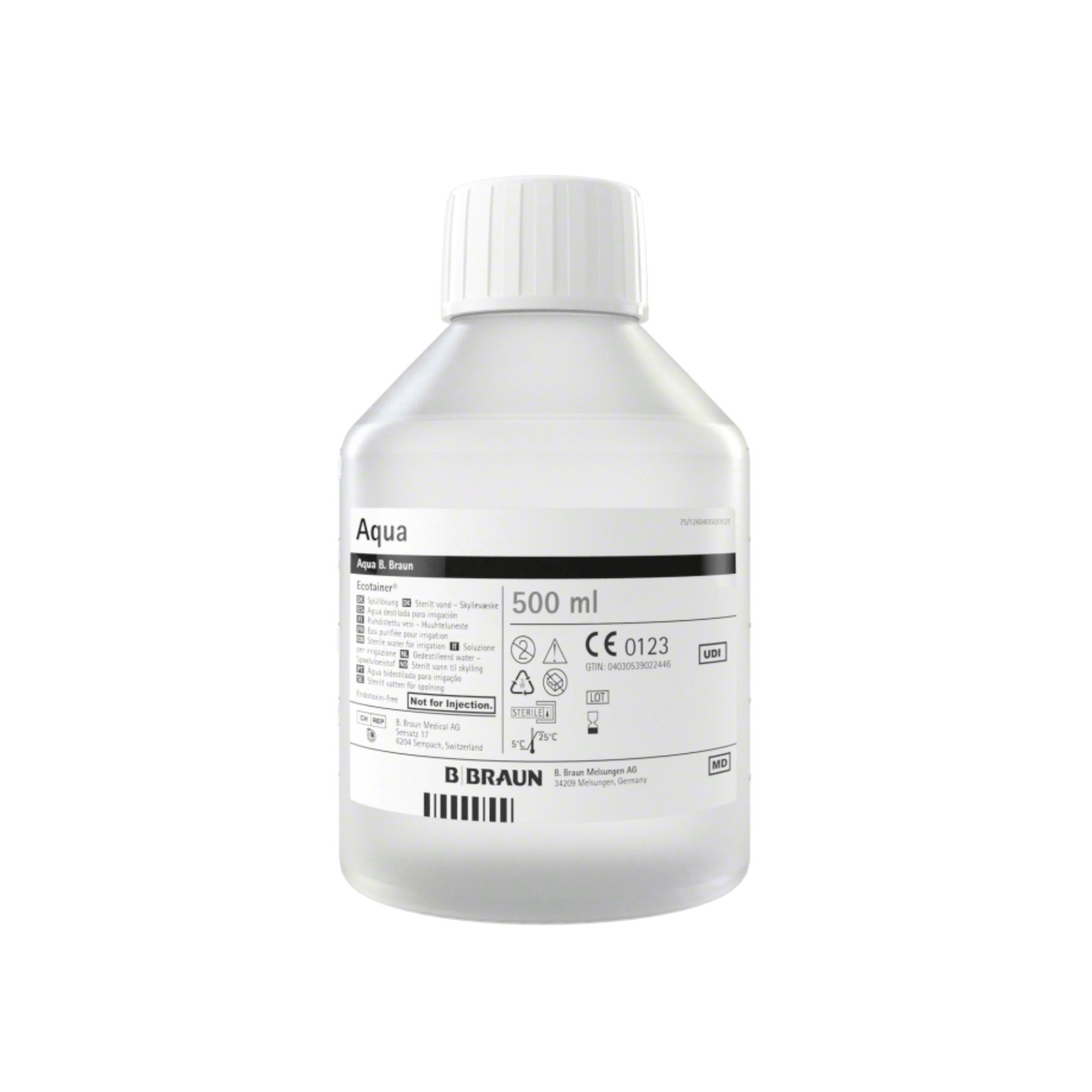 Ένα μπουκάλι Ecotainer 500 ml με την επιγραφή «B. Braun Aqua Ecotainer® Τοπικό Διάλυμα Ξεπλύματος» από την B. Braun Deutschland GmbH & Co. KG με λευκό καπάκι. Η ετικέτα περιέχει κείμενο και σύμβολα που πιθανότατα περιλαμβάνουν πληροφορίες και πιστοποιήσεις προϊόντος. Το διαφανές μπουκάλι από φιλικό προς το περιβάλλον πολυπροπυλένιο παρουσιάζει ένα διαφανές υγρό στο εσωτερικό.