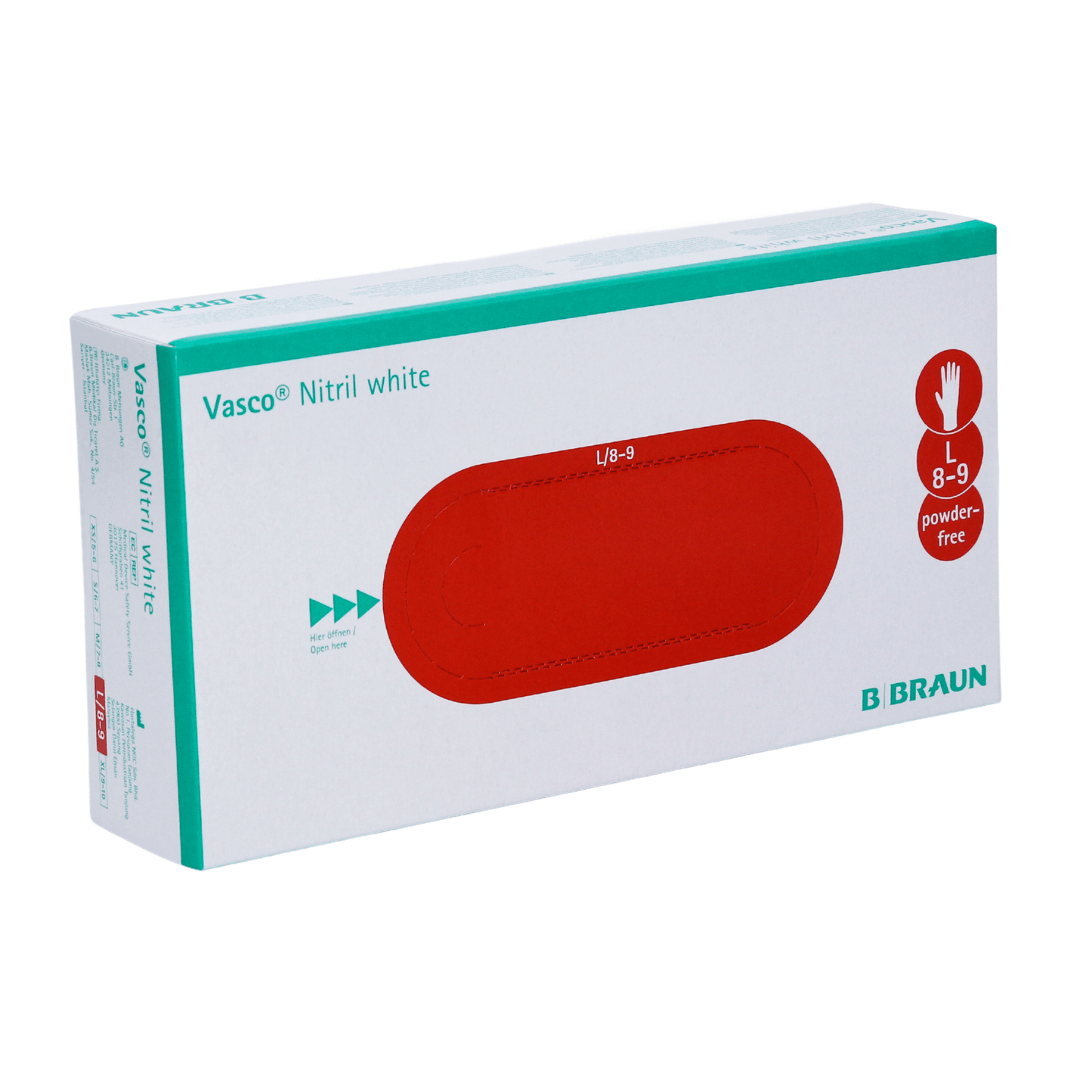 Κουτί με λευκά B. Braun Vasco® νιτριλικά γάντια μιας χρήσης από την B. Braun Deutschland GmbH & Co. KG, μέγεθος 8-9. Η συσκευασία έχει ένα κόκκινο οβάλ σχέδιο με ένα σύμβολο χεριού στη γωνία, που χαρακτηρίζει τα γάντια χωρίς λάτεξ και χωρίς πούδρα.