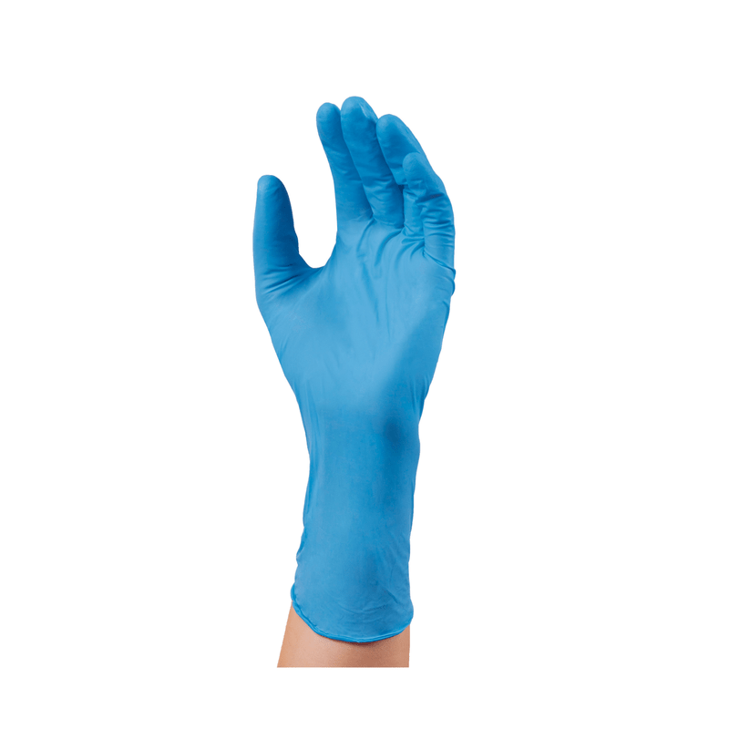 Ένα ανθρώπινο χέρι που φοράει ένα B. Braun Peha-soft® Nitril Guard γάντι μιας χρήσης, με ελαφρώς λυγισμένα δάχτυλα σε κίνηση τσιμπήματος, απομονωμένο σε λευκό φόντο.