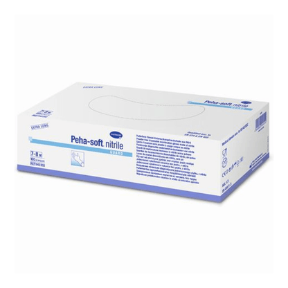 Ένα κουτί B. Braun Peha-soft® Nitril Guard γάντια μιας χρήσης, μέγεθος 7-8 Medium, μπροστά σε λευκό φόντο. Το κουτί είναι κυρίως λευκό και μπλε και περιέχει ένα κείμενο με λεπτομερή χαρακτηριστικά προϊόντος της Paul Hartmann AG.