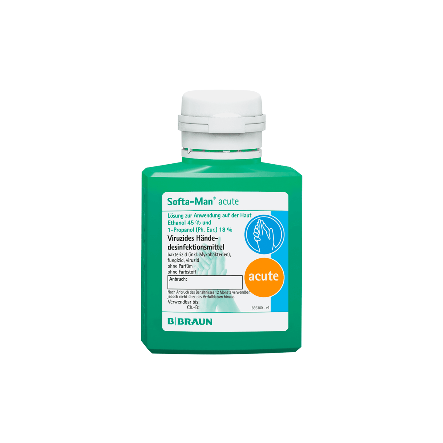 Ένα πράσινο μπουκάλι B. Braun Softa-Man® οξείας απολύμανσης χεριών, προσαρμοσμένο για τον ιατρικό τομέα, σχεδιάστηκε από την B. Braun Deutschland GmbH & Co. KG. Η ετικέτα περιέχει λεπτομέρειες προϊόντος, ένα λογότυπο και μια εικονογραφημένη οδηγία. Είναι εξοπλισμένο με ένα λευκό καπάκι και παρουσιάζεται σε ένα απλό λευκό φόντο.