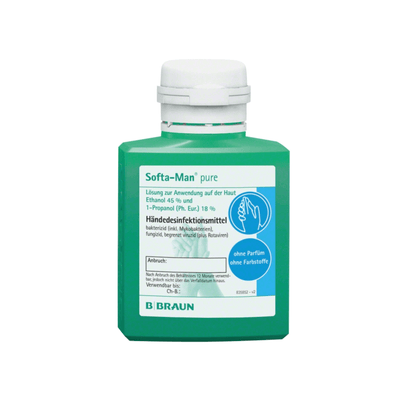 Απεικονίζεται ένα πράσινο μπουκάλι B. Braun Softa-Man® pure απολυμαντικό χεριών. Αυτό το απολυμαντικό χεριών κατά των ιών περιέχει 45% αιθανόλη και χαρακτηρίζεται ως χωρίς άρωμα και χρωστικές ουσίες, καθιστώντας το ιδανικό για υγιεινή απολύμανση χεριών.