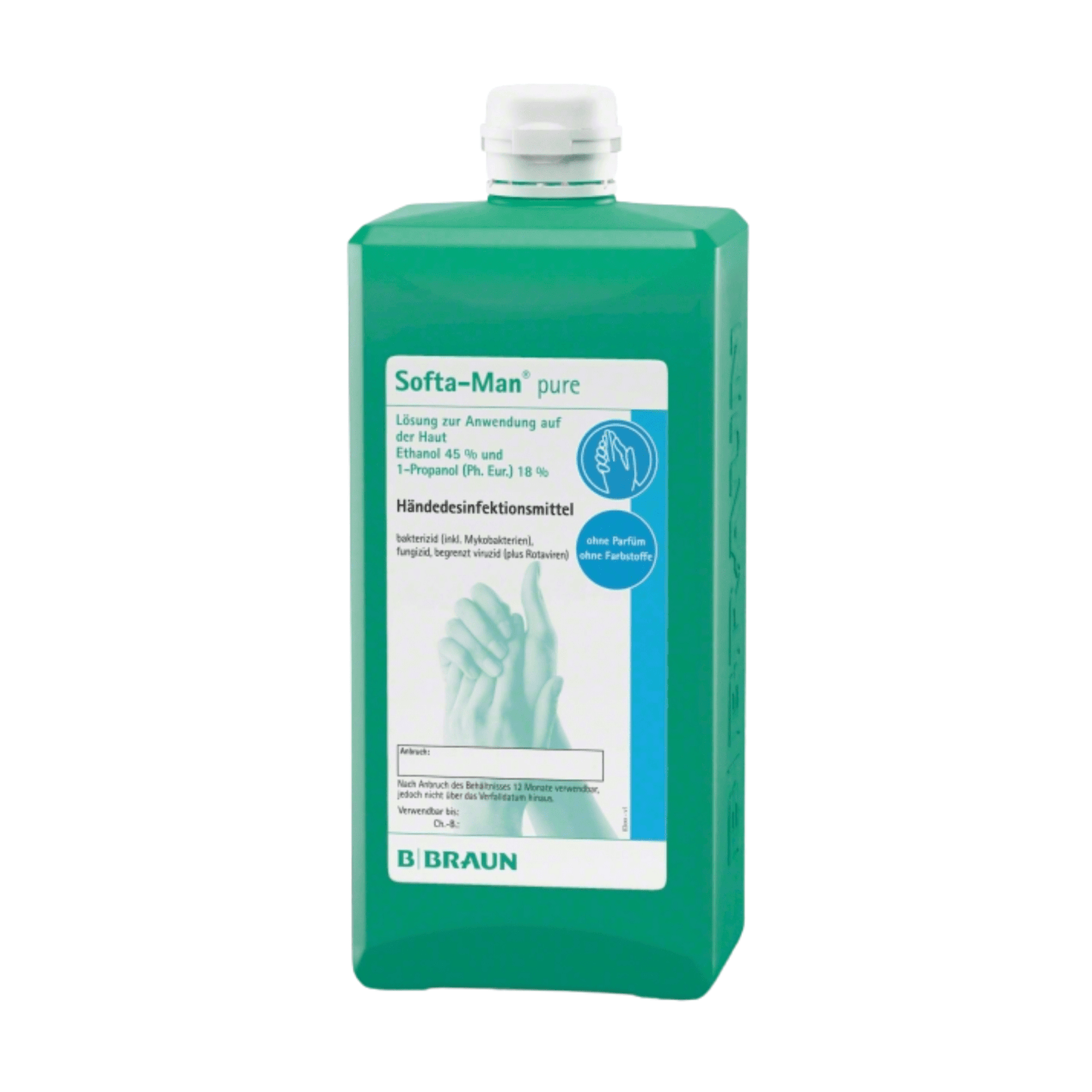 Ένα μπουκάλι B. Braun Softa-Man® pure απολυμαντικό χεριών από την B. Braun Deutschland GmbH & Co. KG με πράσινη ετικέτα και καπάκι περιέχει λεπτομέρειες προϊόντος και οδηγίες χρήσης κατά των ιών, επιπλέον στην ετικέτα υπάρχει μια εικόνα απολύμανσης χεριών.