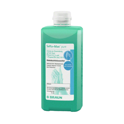 Ένα πράσινο μπουκάλι B. Braun Softa-Man® pure απολυμαντικό χεριών από την B. Braun Deutschland GmbH & Co. KG φέρει μια ετικέτα με οδηγίες χρήσης για το δέρμα κατά των ιών, όπου αναφέρονται η αιθανόλη και η προπανόλη στα γερμανικά, δίπλα σε μια εικόνα χεριών, και είναι κλειστό με ένα λευκό καπάκι.