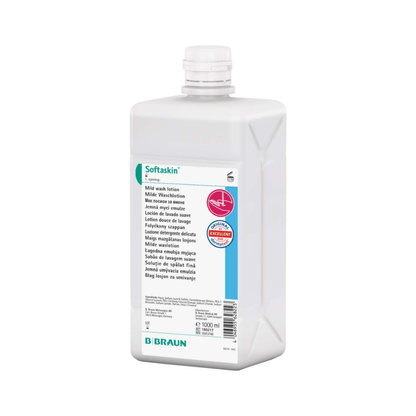 Το μπουκάλι των 1000 ml «B. Braun Softaskin® Waschlotion» είναι σε λευκό χρώμα και έχει πολυγλωσσική ετικέτα που υποδεικνύει τη μαλακή και φιλική προς το περιβάλλον φόρμουλα. Διαθέτει βιδωτό καπάκι και φέρει στο κάτω μέρος την επιγραφή «B. Braun Deutschland GmbH & Co. KG». Έτσι, αποτελεί μια εξαιρετική επιλογή για χρήστες που δίνουν σημασία σε προϊόντα χωρίς μικροπλαστικά.