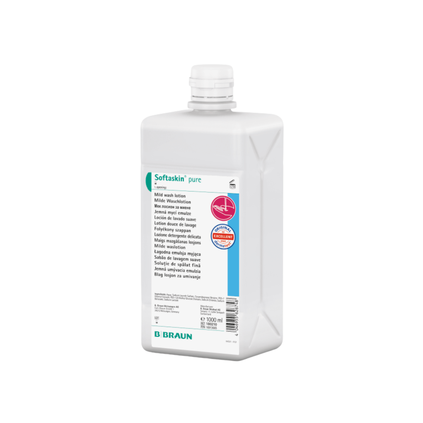 Το B. Braun Softaskin® pure 1000 ml-μπουκάλι από την B. Braun Deutschland GmbH & Co. KG διαθέτει λευκό ορθογώνιο σχεδιασμό με μπλε-λευκή ετικέτα, ροζ λογότυπο για δερματική συμβατότητα, βιδωτό καπάκι και είναι μια λοσιόν καθαρισμού χωρίς αλλεργιογόνα, ιδανική για ευαίσθητο δέρμα.