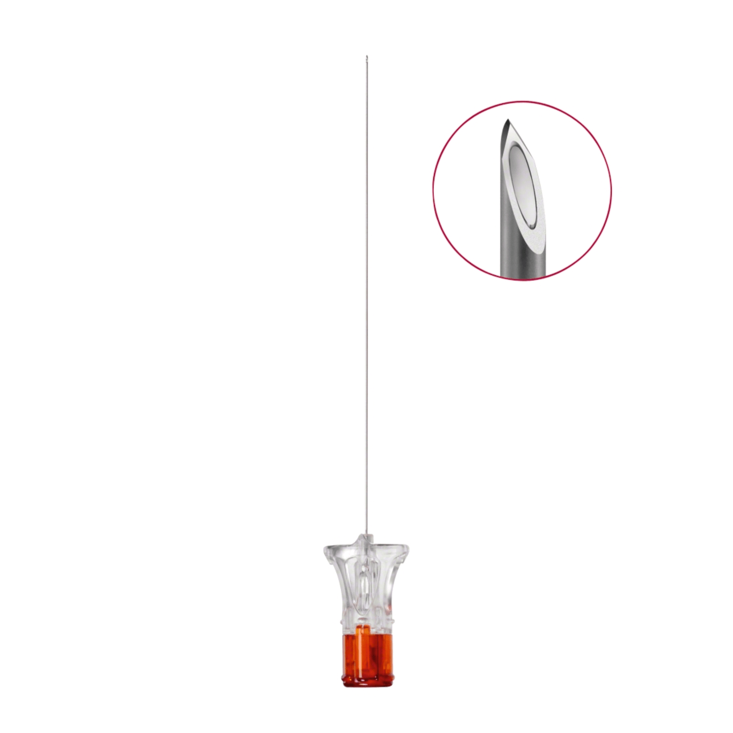 Η B. Braun βελόνα Spinocan® με διαστάσεις 0,53 x 88 mm απεικονίζεται κάθετα σε λευκό φόντο και διαθέτει διαφανή πλαστική βάση με πορτοκαλί βάση. Ένα κυκλικό ένθετο παρέχει μια κοντινή λήψη της αιχμηρής, λοξής άκρης της μύτης της βελόνας, η οποία αναπτύχθηκε από την B. Braun Deutschland GmbH & Co. KG για ακριβείς εφαρμογές σπονδυλικής αναισθησίας.