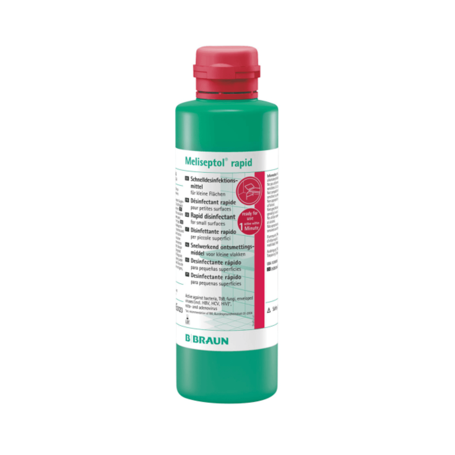 Πράσινο μπουκάλι B. Braun Meliseptol® rapid ταχεία απολύμανση με κόκκινο καπάκι. Η ετικέτα περιέχει κείμενο σε πολλές γλώσσες και διαθέτει ένα κεντρικό, στρογγυλό κόκκινο λογότυπο που αναδεικνύει την αποτελεσματικότητα για καθαρισμό επιφανειών. Το εμπορικό όνομα B. Braun Deutschland GmbH & Co. KG παρουσιάζεται κομψά με μπλε γράμματα στο κάτω μέρος.