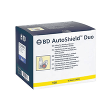 Eine Packung BD AutoShield Duo Sicherheits-Pen-Nadeln - 100 Stück von Servoprax GmbH in den Größen 8mm und 0,30mm (30G) eignet sich optimal für die Diabetestherapie. Die überwiegend blau-weiße Verpackung ist mehrsprachig beschriftet und trägt auf der Vorderseite eine Abbildung der Nadel zur Vermeidung von Nadelstichverletzungen, insgesamt sind 100 Nadeln enthalten.