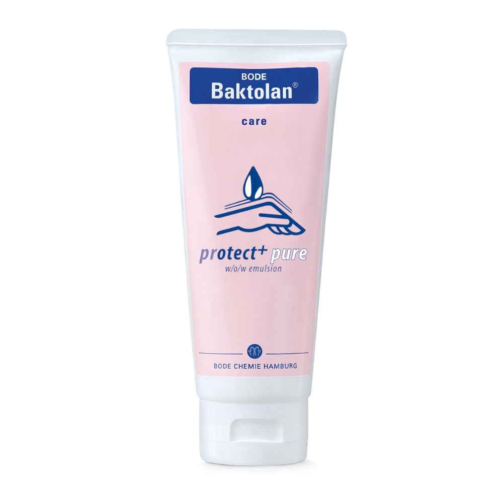 Ένας σωλήνας BODE Baktolan® protect+ pure Creme της Paul Hartmann AG με ροζ ετικέτα και μπλε κείμενο, με το λογότυπο της μάρκας και την ονομασία «αναγεννητική φροντίδα wo/w γαλάκτωμα» από την B.