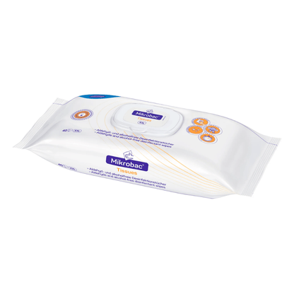 Συσκευασία BODE Mikrobac® Tissues Flächendesinfektionstücher σε λευκή πλαστική συσκευασία με μπλε-πορτοκαλί σχεδίαση και επανασφραγιζόμενο καπάκι. Περιεχόμενο: 40 μαντηλάκια από την Paul Hartmann AG