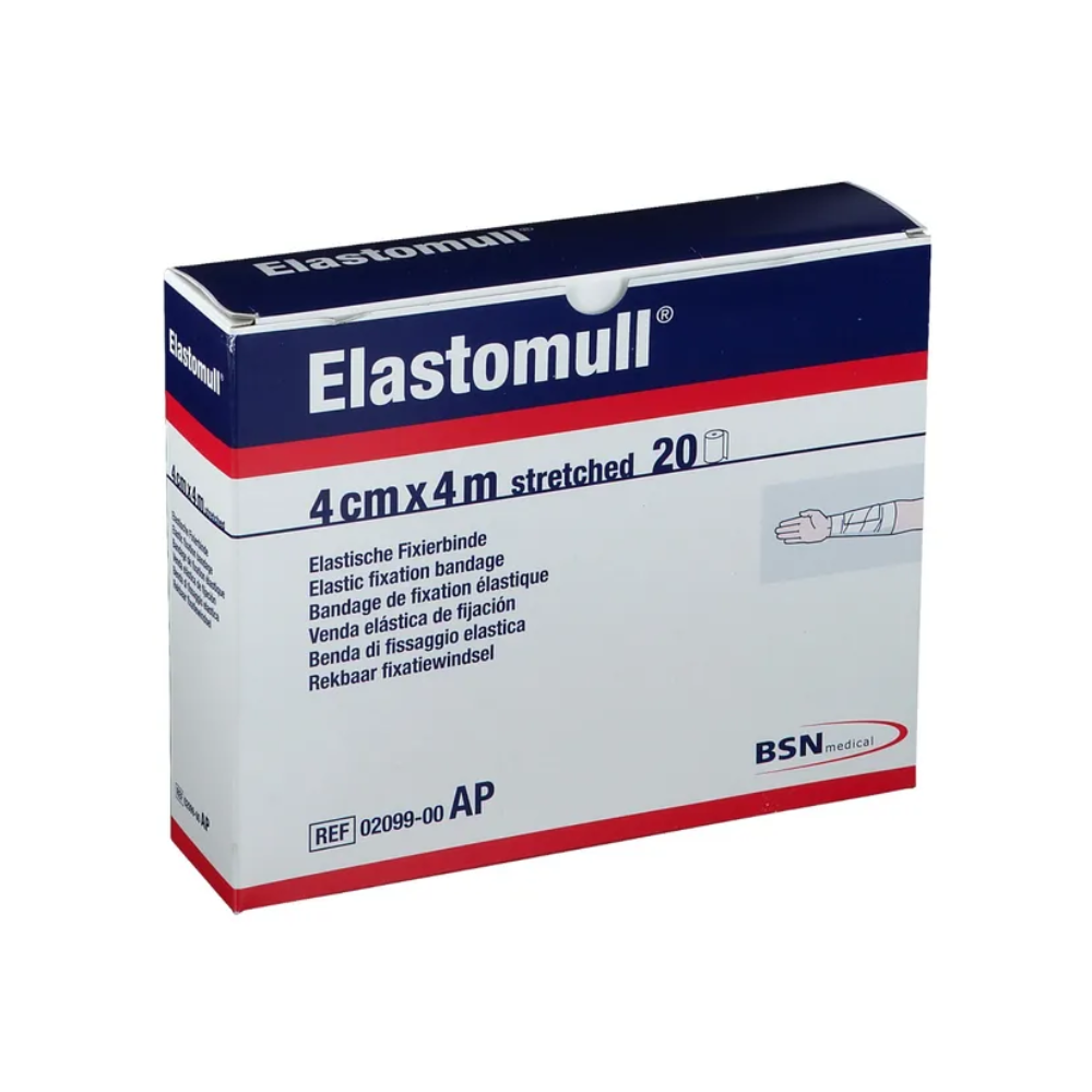 Ένα κουτί με ελαστικούς επιδέσμους BSN Elastomull® της BSN Medical GmbH με την επιγραφή «4 cm x 4 m εκτεταμένο» περιέχει 20 τεμάχια. Η πολυγλωσσική συσκευασία τονίζει την υψηλή περιεκτικότητα σε βαμβάκι και την καλή δερματική συμβατότητα του προϊόντος και δείχνει μια σχηματική αναπαράσταση της εφαρμογής στο χέρι.
