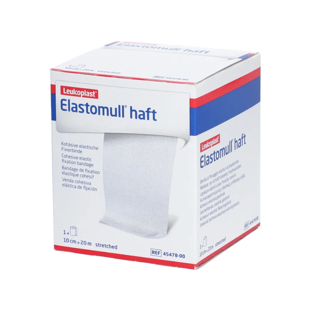 Ένα κουτί BSN Elastomull® haft, ένας ελαστικός επίδεσμος στερέωσης της BSN Medical GmbH. Το κουτί είναι κυρίως λευκό με μπλε και κόκκινες πινελιές και δείχνει στο μπροστινό μέρος λεπτομέρειες και προδιαγραφές προϊόντος.
