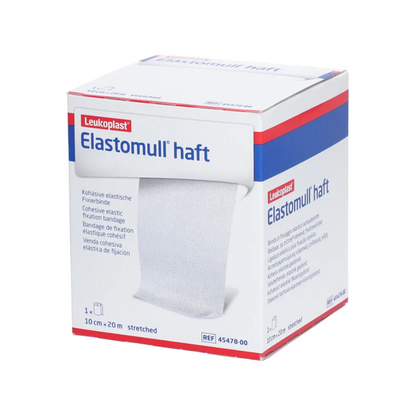 Ένα κουτί BSN Elastomull® haft, ένας ελαστικός επίδεσμος στερέωσης της BSN Medical GmbH. Το κουτί είναι κυρίως λευκό με μπλε και κόκκινες πινελιές και δείχνει στο μπροστινό μέρος λεπτομέρειες και προδιαγραφές προϊόντος.