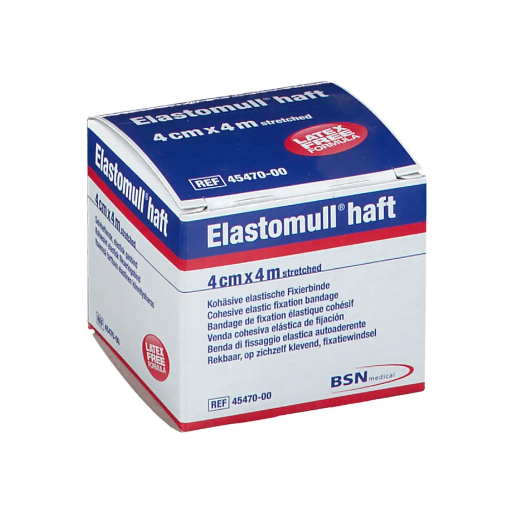 Ένα κουτί BSN Elastomull® haft, ένας ελαστικός επίδεσμος στερέωσης με πολυμερές χωρίς λάτεξ. Η συσκευασία είναι λευκή με μπλε και κόκκινο κείμενο, το μέγεθος αναφέρεται ως 4 cm x 4 m τεντωμένο, ετικέτα από την BSN Medical GmbH.