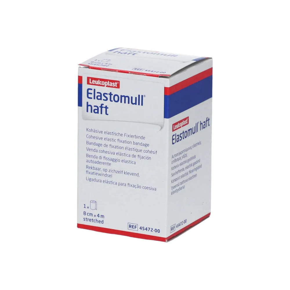Εκτίθεται ένα κουτί BSN Elastomull® haft, ένας ελαστικός επίδεσμος στερέωσης της BSN Medical GmbH από πολυμερές χωρίς λάτεξ. Η κυρίως λευκή συσκευασία είναι διακοσμημένη με κόκκινες και μπλε πινελιές και περιέχει κείμενο σε πολλές γλώσσες.