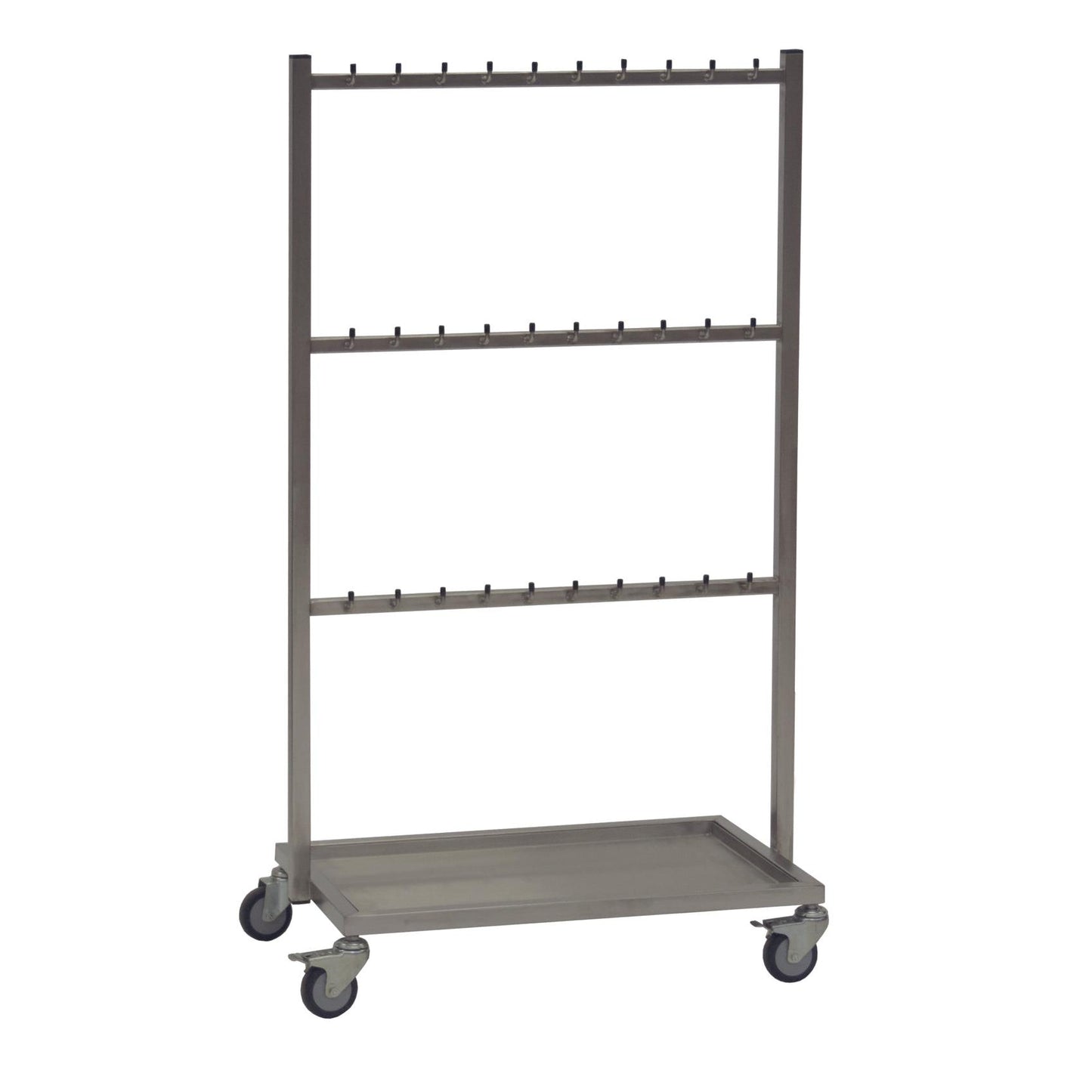 Το καρότσι κοιλιακών πετσετών Novocal από ανοξείδωτο χάλυβα προσφέρει 3 εγκάρσιες ράβδους με 10 γάντζους η καθεμία, τέσσερις ρόδες και ένα ανοξείδωτο ταψί βάσης - ιδανικό για οργάνωση σε νοσοκομειακές εγκαταστάσεις ή ως ιατρικό καρότσι.