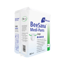 Συσκευασία BeeSana® Medi-Pants, εσώρουχα ακράτειας μεγάλου μεγέθους, δείχνει ένα άσπρο-μπλε κουτί με 14 εσώρουχα ακράτειας. Σύμβολα απεικονίζουν τη χρήση και το κείμενο τονίζει χαρακτηριστικά όπως η αναπνευσιμότητα και η άνεση με την Meditrade GmbH.