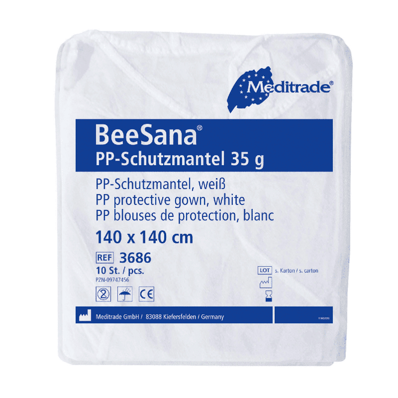 Συσκευασία για το Meditrade BeeSana® PP-Schutzmantel 35g, ένα λευκό προστατευτικό μανδύα για χρήση σε νοσοκομεία της Meditrade GmbH. Η συσκευασία έχει διαστάσεις 140 x 140 cm και είναι ιδανική για μία χρήση. Περιέχει συνολικά 100 τεμάχια ανά συσκευασία.