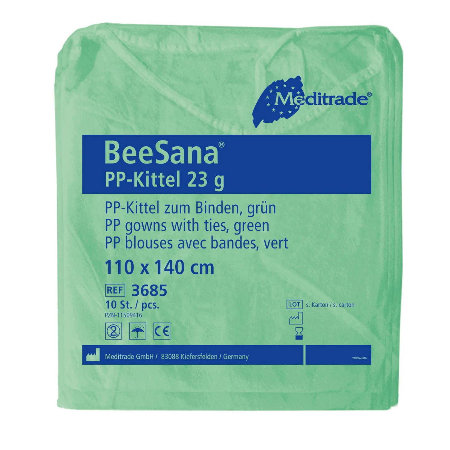 Μια πράσινη συσκευασία Meditrade BeeSana® PP-Kittel 23g περιέχει ένα κείμενο στα Γερμανικά και Γαλλικά, που περιγράφει την αναπνεύσιμη προστατευτική ρόμπα μιας χρήσης με κορδόνια στις διαστάσεις 110 x 140 cm. Κάθε κουτί της Meditrade GmbH περιέχει 100 τεμάχια.