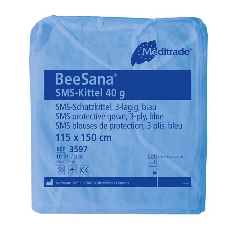 Μια σφραγισμένη συσκευασία Meditrade BeeSana® SMS-Kittel 40g, 3 στρώσεων, της Meditrade GmbH, με 10 τεμάχια. Η συσκευασία περιλαμβάνει λεπτομέρειες για το προϊόν και λογότυπα πιστοποίησης.