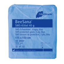 Μια σφραγισμένη συσκευασία Meditrade BeeSana® SMS-Kittel 40g, 3-στρωματική, της Meditrade GmbH, με 10 κομμάτια. Η συσκευασία περιέχει λεπτομέρειες προϊόντος και λογότυπα πιστοποίησης.