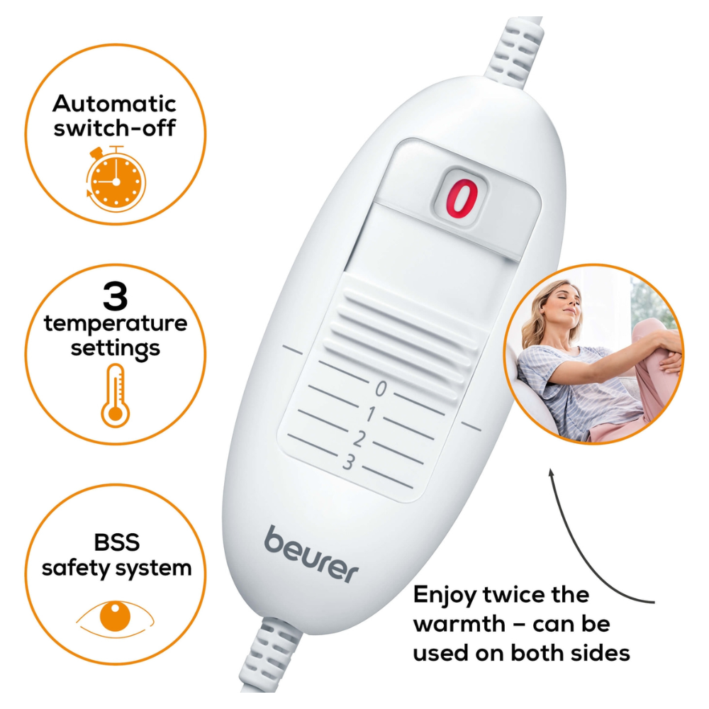 Εικόνα μιας Beurer Μονάδας Ελέγχου Μαξιλαριού Θέρμανσης Καναπέ HK 48 Cosy με επισημασμένες λειτουργίες. Η συσκευή διαθέτει διακόπτη ενεργοποίησης/απενεργοποίησης, τρεις ρυθμίσεις θερμοκρασίας, αυτόματη λειτουργία απενεργοποίησης και το σύστημα ασφαλείας BSS. Το κείμενο τονίζει την ικανότητα να προσφέρει θερμότητα και από τις δύο πλευρές χάρη στον σχεδιασμό του αναστρέψιμου μαξιλαριού.