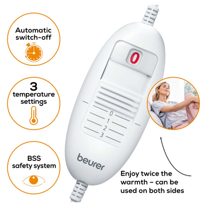 Εικόνα μιας Beurer Μονάδας Ελέγχου Μαξιλαριού Θέρμανσης Καναπέ HK 48 Cosy με επισημασμένες λειτουργίες. Η συσκευή διαθέτει διακόπτη ενεργοποίησης/απενεργοποίησης, τρεις ρυθμίσεις θερμοκρασίας, αυτόματη λειτουργία απενεργοποίησης και το σύστημα ασφαλείας BSS. Το κείμενο τονίζει την ικανότητα να προσφέρει θερμότητα και από τις δύο πλευρές χάρη στον σχεδιασμό του αναστρέψιμου μαξιλαριού.