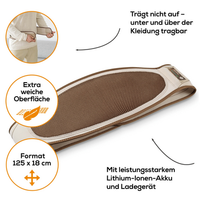 Η εικόνα δείχνει ένα άτομο που δένει μια μπεζ Beurer HK 72 φορητή ζώνη θέρμανσης με μπαταρία γύρω από τη μέση. Η ζώνη της Beurer GmbH έχει δομημένη επιφάνεια και έχει σχεδιαστεί για να φοριέται κάτω ή πάνω από τα ρούχα. Έχει εξαιρετικά μαλακή επιφάνεια, μετρά 125 x 18 cm και διαθέτει ισχυρή μπαταρία ιόντων λιθίου με λειτουργία γρήγορης θέρμανσης.