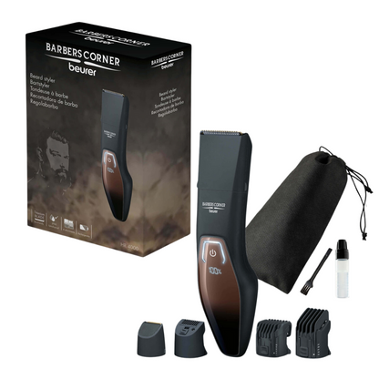 Απεικόνιση του σετ HR 4000 Bartstyler από το Beurer Barber's Corner της Beurer GmbH. Περιλαμβάνει το κοπτικό γενειάδας, τέσσερα διαφορετικά εξαρτήματα κοπής, μια βούρτσα καθαρισμού, λάδι, μια σακούλα αποθήκευσης με κορδόνι και το κουτί συσκευασίας με μια απεικόνιση του κοπτικού με λεπίδα από ανοξείδωτο χάλυβα και το εμπορικό σήμα.