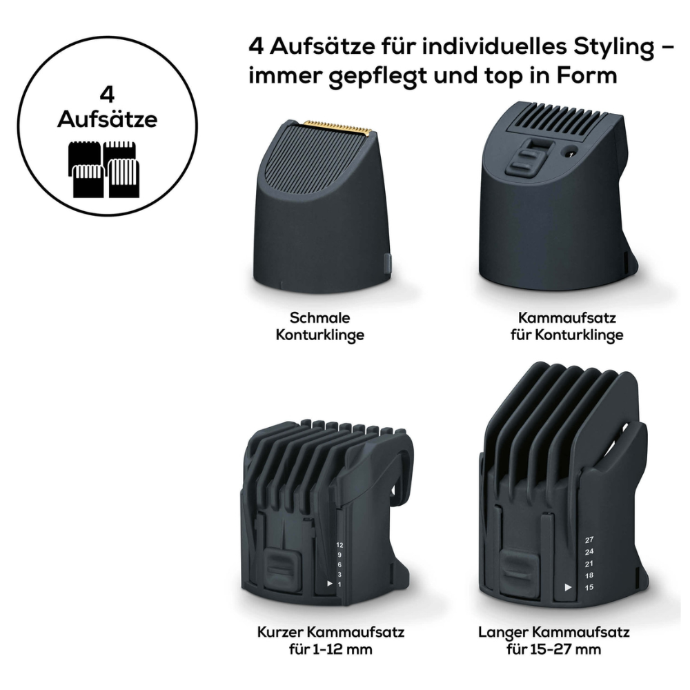 Ο Beurer HR 4000 Bartstyler από την Beurer GmbH διαθέτει τέσσερα εναλλάξιμα εξαρτήματα κοπής μαλλιών, ιδανικά για κάθε κοπτικό γενειάδας. Περιλαμβάνουν μια στενή λεπίδα περιγράμματος, ένα κοντό εξάρτημα χτένας για 1-12 mm, ένα μακρύ εξάρτημα χτένας για 15-27 mm και ένα εξάρτημα χτένας για περιγράμματα. Στη συσκευασία (1 τεμάχιο) υπάρχει επίσης γερμανικό κείμενο.