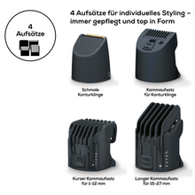 Ο Beurer HR 4000 Bartstyler από την Beurer GmbH διαθέτει τέσσερα εναλλάξιμα εξαρτήματα κοπής μαλλιών, ιδανικά για κάθε κοπτικό γενειάδας. Περιλαμβάνουν μια στενή λεπίδα περιγράμματος, ένα κοντό εξάρτημα χτένας για 1-12 mm, ένα μακρύ εξάρτημα χτένας για 15-27 mm και ένα εξάρτημα χτένας για περιγράμματα. Στη συσκευασία (1 τεμάχιο) υπάρχει επίσης γερμανικό κείμενο.